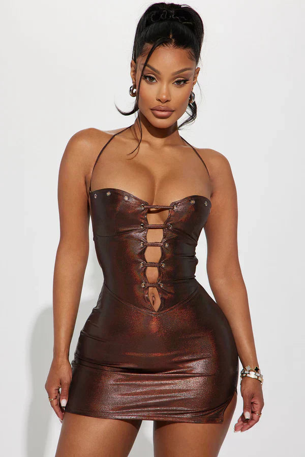 Metallic Lace-Up Mini Dress
